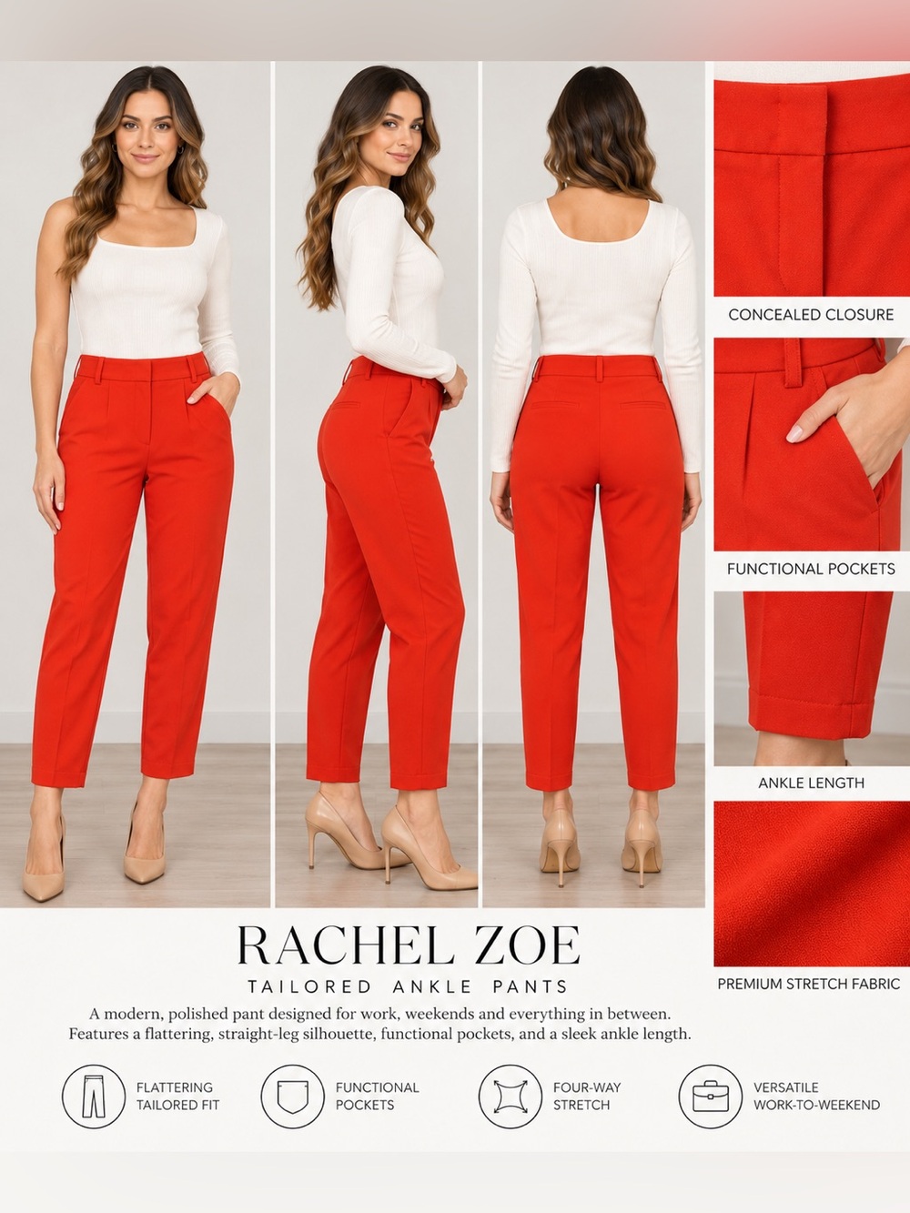 Rachel Zoe Orange Red Poppy Color Tailored Ankle Pants Trouser Cuffed Hem Size 4